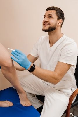 chirurgo vascolare diagnostica vene varicose sulle gambe di una paziente