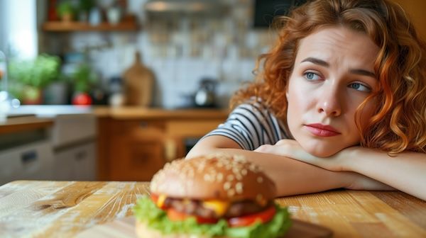 Giovane donna che guarda un hamburger con un'espressione riflessiva