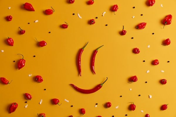 Persone divertenti affrontano un sorriso fatto di peperoncino piccante, isolato su uno sfondo giallo di studio. Concetto di alimentazione sana. Arte gastronomica e concetto creativo. Faccia sorridente felice di verdure fresche crude