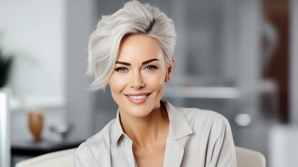 Donna bellissima con taglio di capelli corto e capelli grigi, seduta in un ufficio o una stanza elegante sullo sfondo, che irradia gioia con un sorriso affascinante