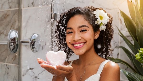 Una donna che tiene un sapone a forma di cuore e un sapone a forma di cuore