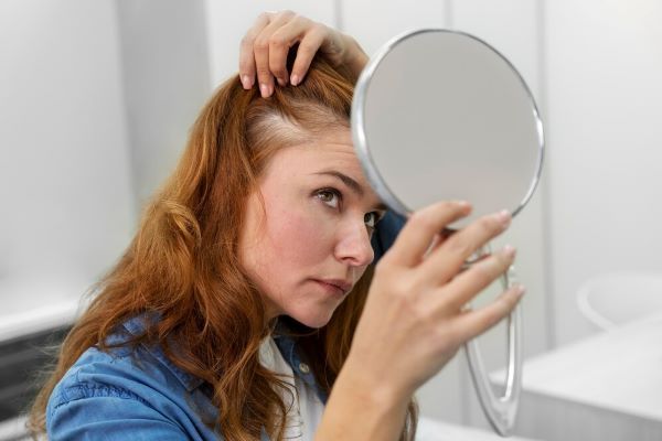 Donna che si controlla il cuoio capelluto allo specchio.