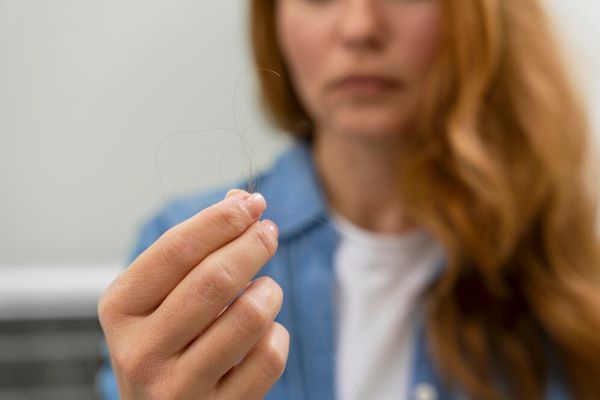 Donna che tiene alcuni dei suoi capelli caduti.