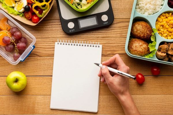 Persona in procinto di prendere appunti su un taccuino circondato da cibo.