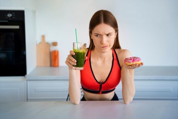 Ragazza indecisa che tiene un frappè e una ciambella.