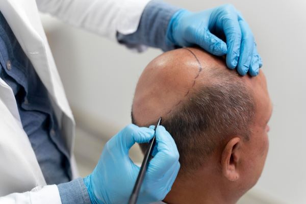 Medico che segna il cuoio capelluto di un paziente.