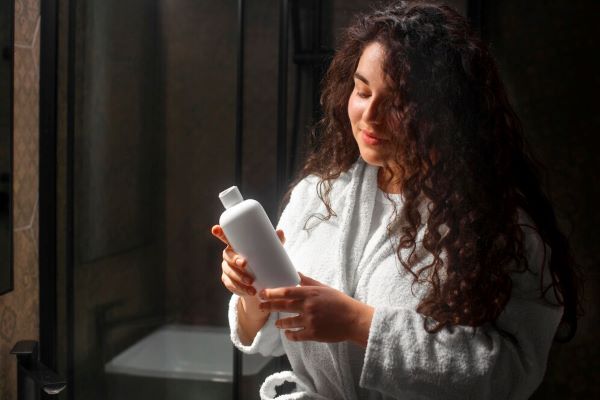 Ragazza dai capelli ricci che tiene una bottiglia di shampoo