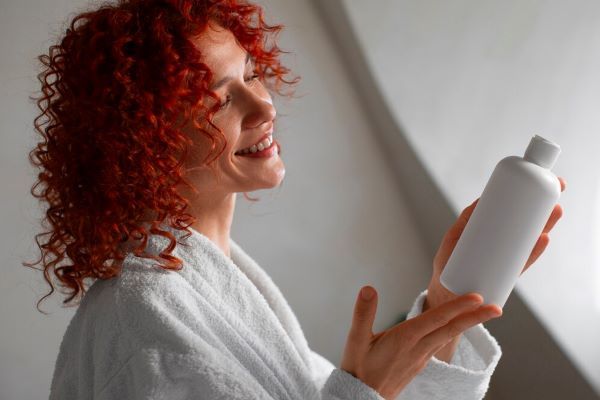 Donna felice che tiene una bottiglia di shampoo