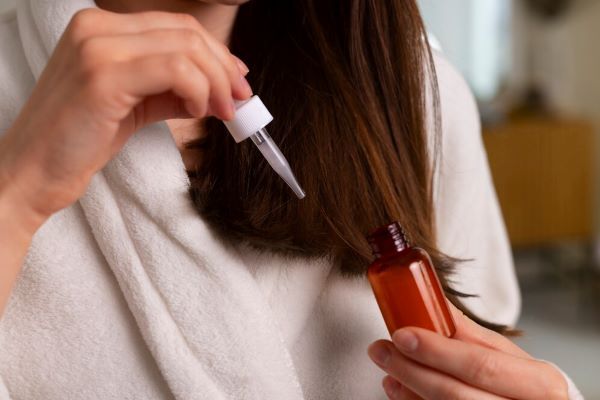 Ragazza che si applica il siero sui capelli