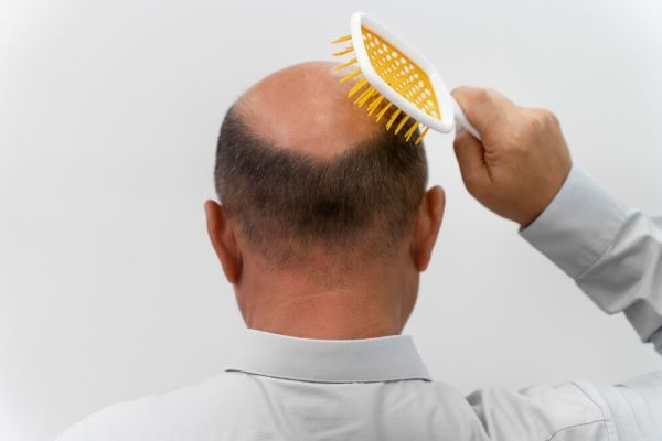 Un uomo calvo che si passa una spazzola sulla testa