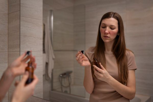Donna che usa un siero davanti allo specchio