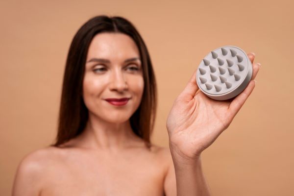 Ragazza che tiene un massaggiatore del cuoio capelluto