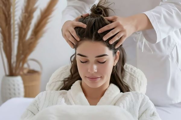 Ragazza che riceve il massaggio dei capelli. Il massaggio del cuoio capelluto aiuta la crescita