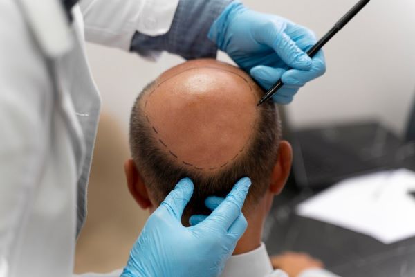 Dottore che fa dei colpi sul cuoio capelluto di un paziente. Spesso fatto per eseguire un trapianto di capelli.