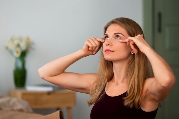 Ragazza che si massaggia il viso con le mani