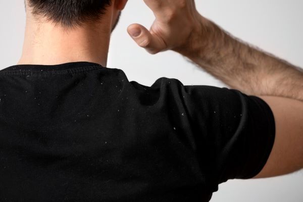 Ragazzo con forfora visibile sulla maglietta. Imparare come eliminare la forfora è molto semplice.