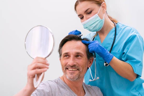 un uomo adulto si guarda allo specchio mentre viene assistito da Toctora