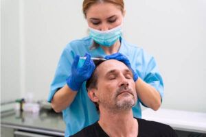 uomo adulto che riceve un trattamento per la caduta dei capelli